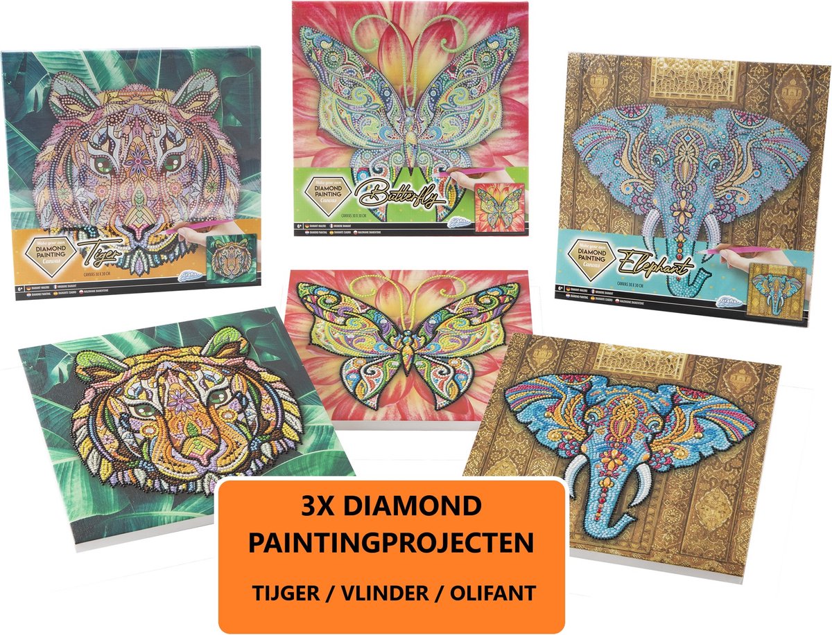 3X Diamond Painting Projecten Voor Kinderen | diamond painting pakket volledig | Thema Dieren | Diamond painting op canvas | Inclusief Diamond painting pen en schudbakje | Eindresultaat ophangen aan de muur